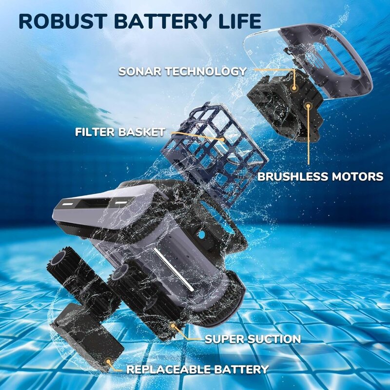 Robotic Pool Vacuum-Intelligent Path Planning Automatic Pool Cleaner, Working Time Up to 2-2.5 Hours Cordless Pool Vacuum