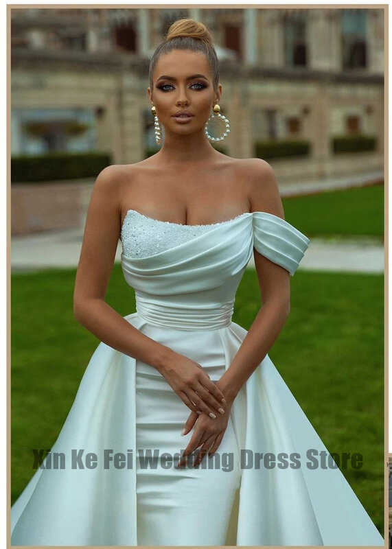 Gorgeous Satin Women's Pleated Bridal Dresses Mermaid Sexy Off Shoulder Sleeveless Princess Wedding Gown Formal Beach Party 2023