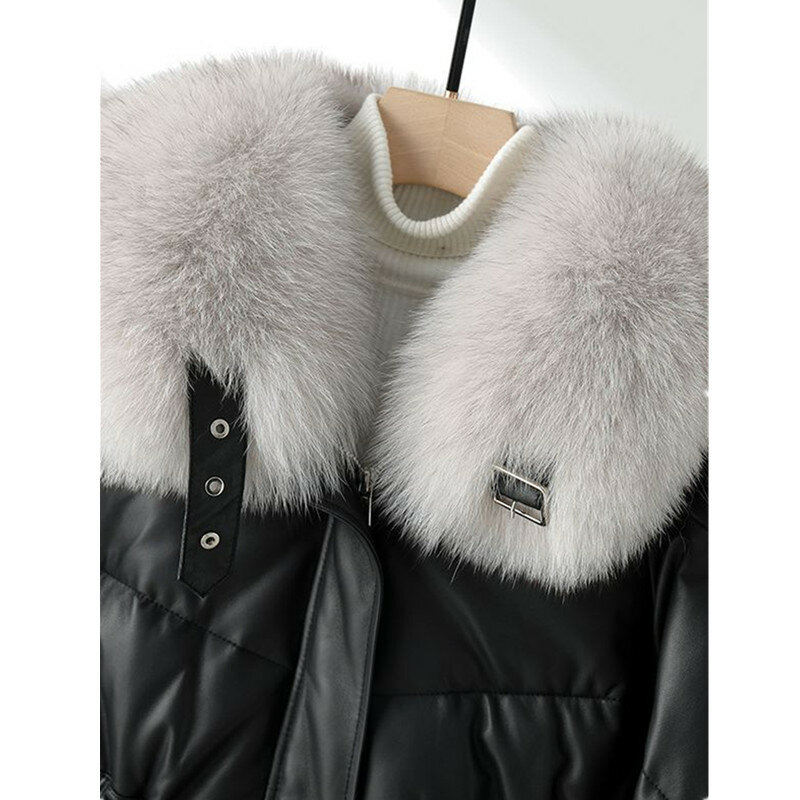 Średniej długości skórzany płaszcz dla kobiet, luźna, ciepła kurtka puchowa, duży kołnierz z futra lisa, szczupła talia, jesień i zima