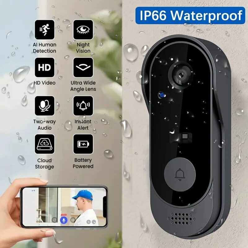 Kamera bel pintu tahan air nirkabel dengan Video HD, penglihatan malam & perubahan suara-Monitor sistem keamanan rumah pintar kehidupan pintar