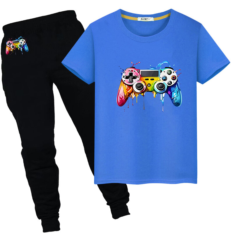 Gamepad Print Zomer Sport Sets 100% Katoenen T-Shirts Kawaii Korte Schattige T-Shirts Y 2K Tops + Broek Kind Dag Cadeau Jongens Meisjes Kleding