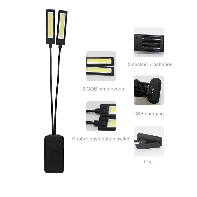 USB 2 Led oświetlenie COB wbudowana bateria lampka do czytania światło elastyczne 2 podwójne ramiona Clip On latarka latarka + kabel