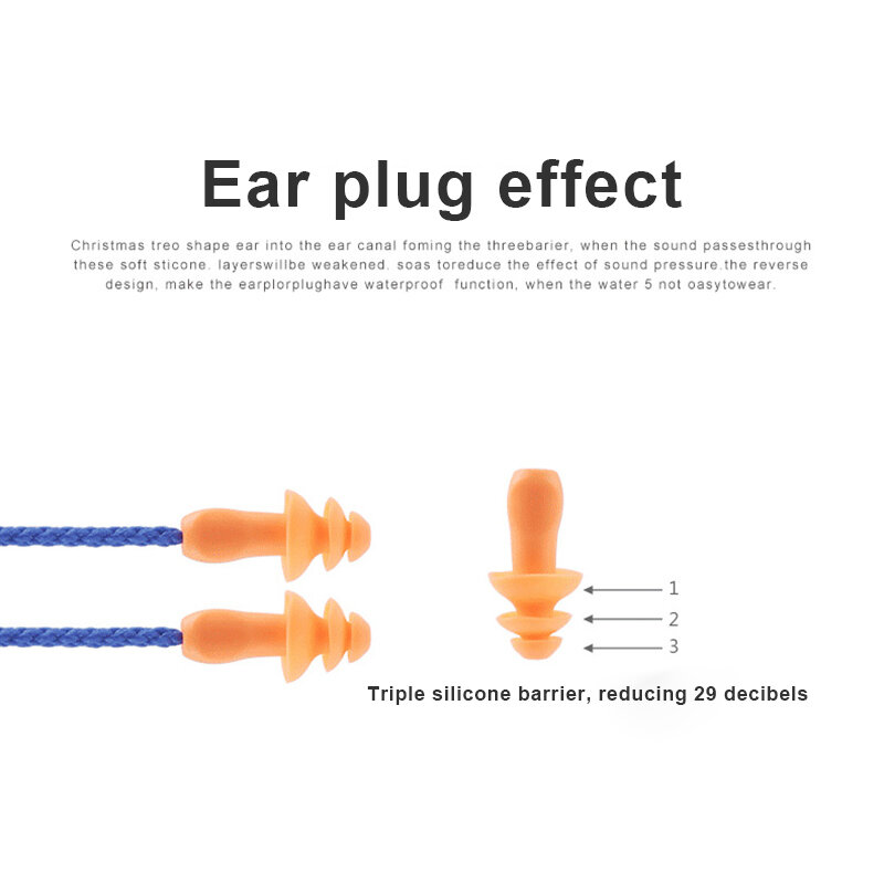 Tapones para los oídos con cable de silicona suave, protección auditiva reutilizable, reducción de ruido, trabajo seguro, cómodos, 10 piezas