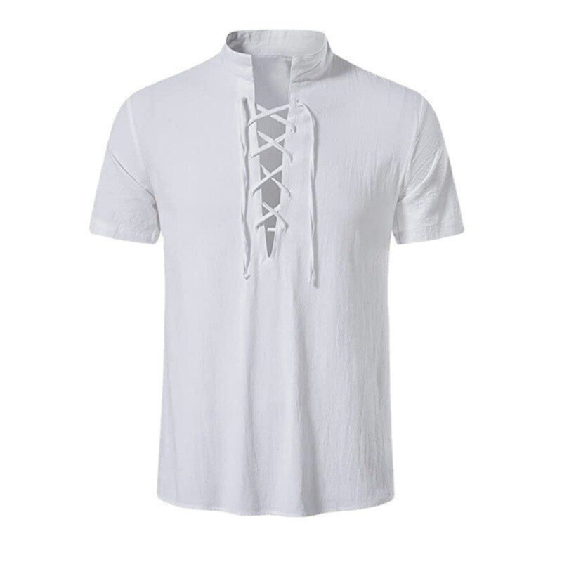Camiseta Vintage con cuello en V para hombre, camisa de manga corta con cordones delanteros, Pirata, Vikingo, informal, Henry