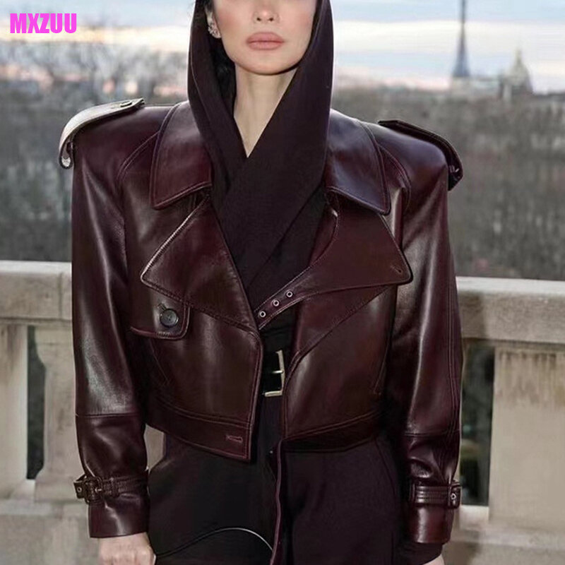 Jaqueta de couro real feminina, casaco de pele de carneiro, corta-vento, clássico, clarete, lapela grande, ombro largo, ultracurto, luxo, designer, outono