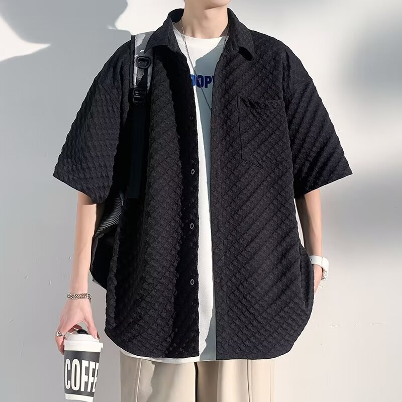 Camicia da uomo scozzese a maniche corte estiva moda coreana Waffle top Oversize Y2K camicie giornaliere Vintage nuove camicie di base Streetwear