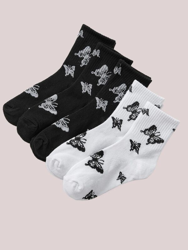 Calcetines de algodón de alta calidad para mujer, medias de longitud media con patrón de mariposa, calcetines versátiles populares, 5 pares