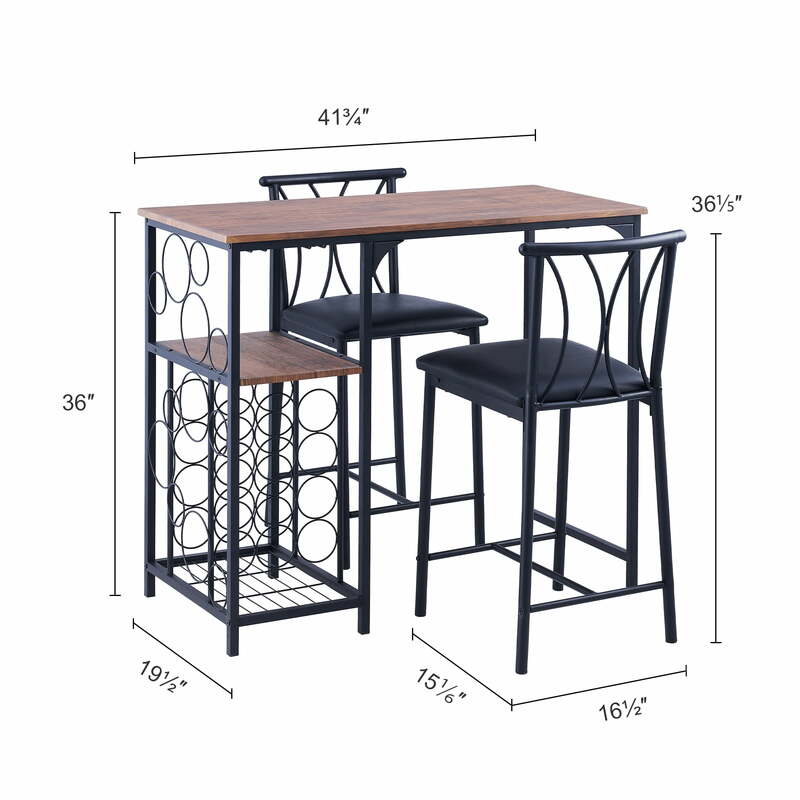 3 Pieces Bar Table Set Counter Height Bar Dining Table with Stools Set Wine Rack & Glass Holder Wood Brown