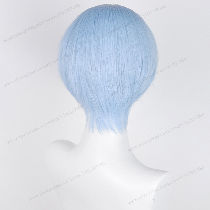 Himmel pelucas de Cosplay, pelo corto de cuero cabelludo azul claro, peluca sintética resistente al calor de Anime, gorro de peluca, 30cm