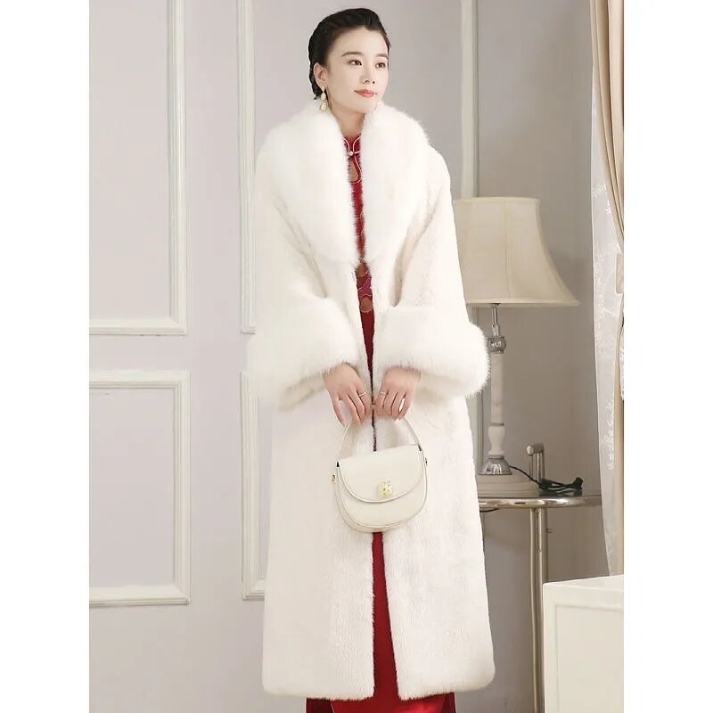여성용 긴 인조 모피 코트, 한국 겨울 재킷, 여성용 겉옷, 두껍고 따뜻한 모피 칼라 파카, 2023 신상