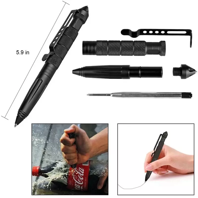 Multifunções Self-Defense Aluminum Alloy Pen, Militar Tático, Emergency Glass Breaker, Security Survival Tool, Outdoor EDC