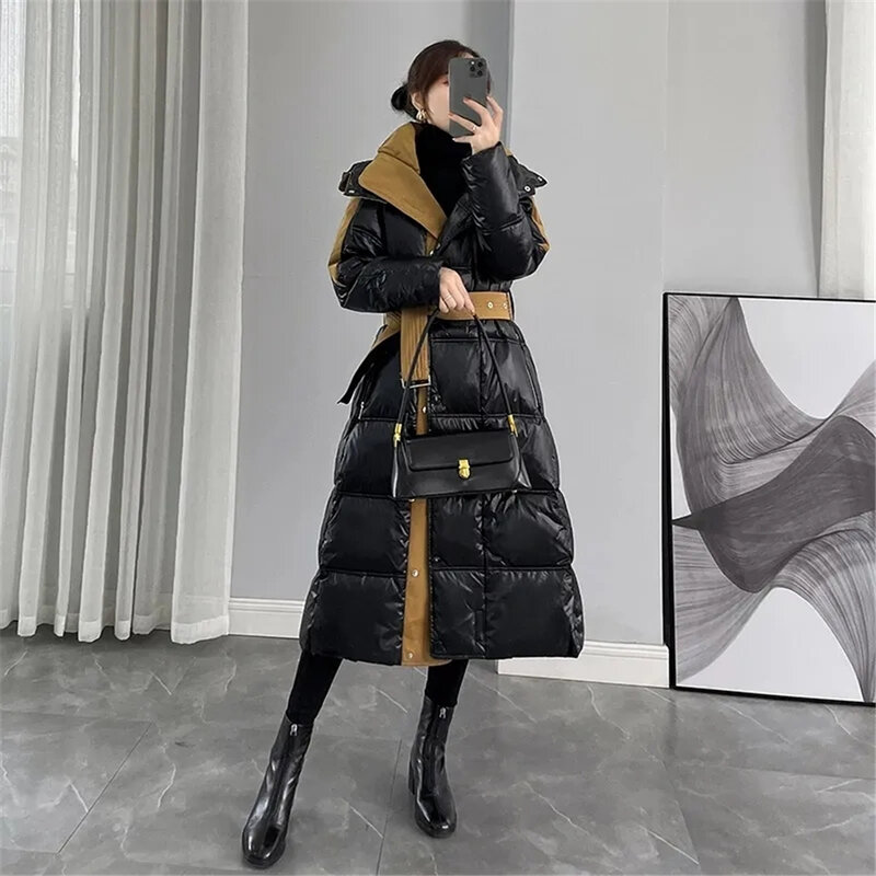 Piumino lungo sopra il ginocchio per donna, viso luminoso, cappotto nero con giuntura, nuova moda, inverno, 2023