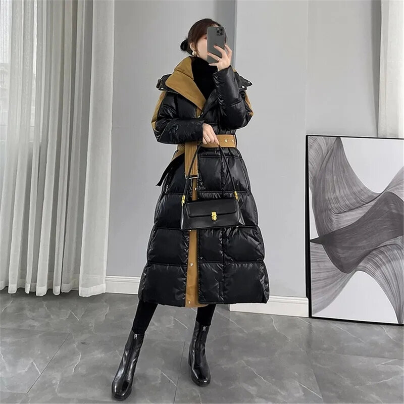 Woman ClothingLong Over Knee Down For Women, Bright Face, Black Splice Coat, New Fashion, Winter, 2024