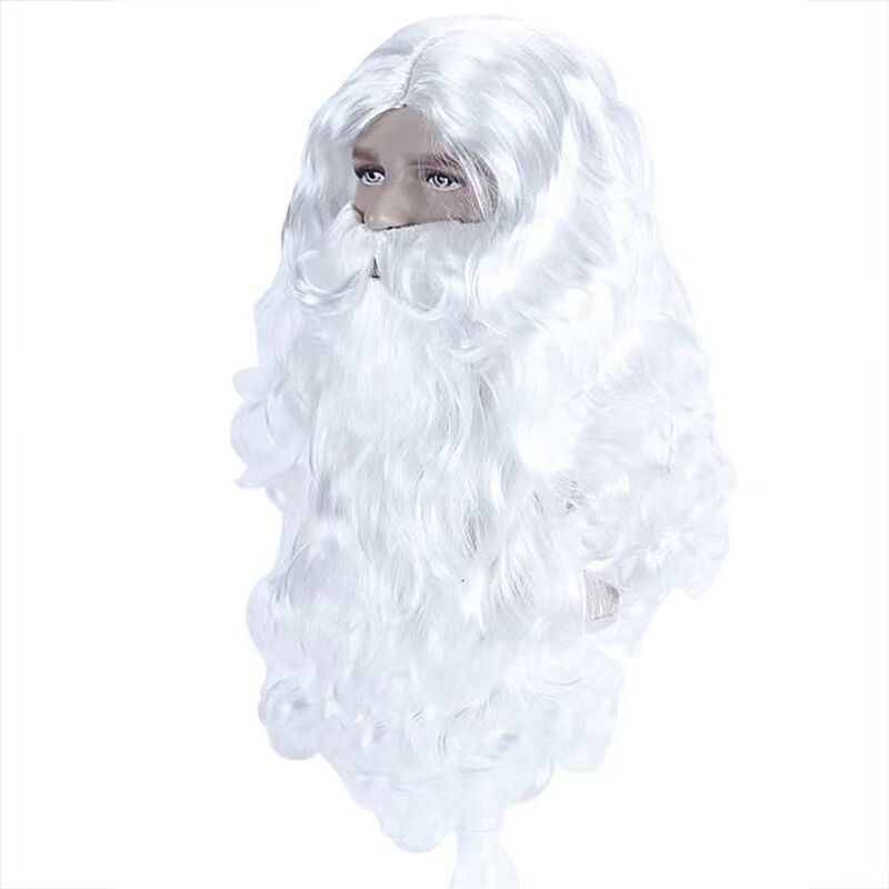 Santa claus-合成かつら,白い髪,コスプレウィッグ,大ひげ,おばあちゃん