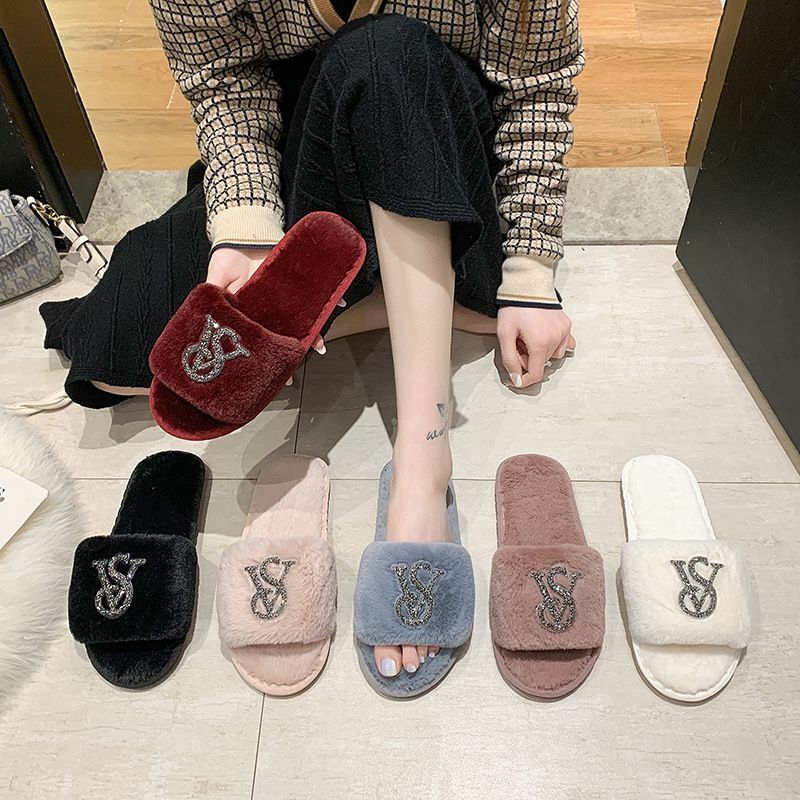 Hairy Cotton Slippers Women Autumn Winter New Warm Footwear Home Bright Diamond Slippers Fashion Outer Wear Women's Light Shoes