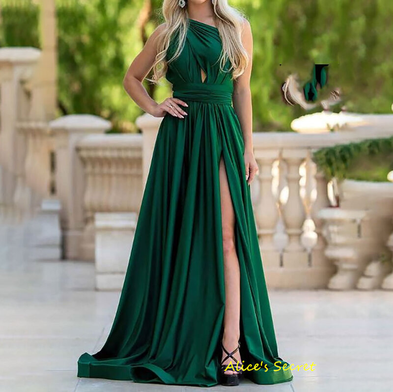 Elegant Asymmetrical Jersey One Shoulder High Slit Open Back Pleated Ruched Floor Length Sweep Train Evening Gown
