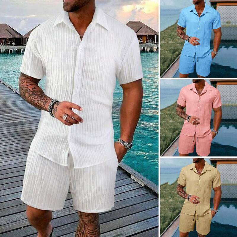 Camisa casual de lapela masculina e calções de cintura com cordão, roupa solta, cor sólida, verão