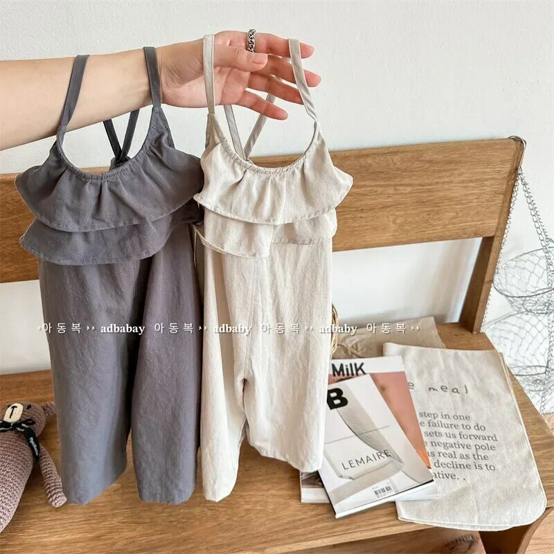 2023 Summer New Cute Girls Loose Casual Overalls Children Fashion Sling Pants Toddler Sleeveless Ruffled Jumpsuit Kids Clothes