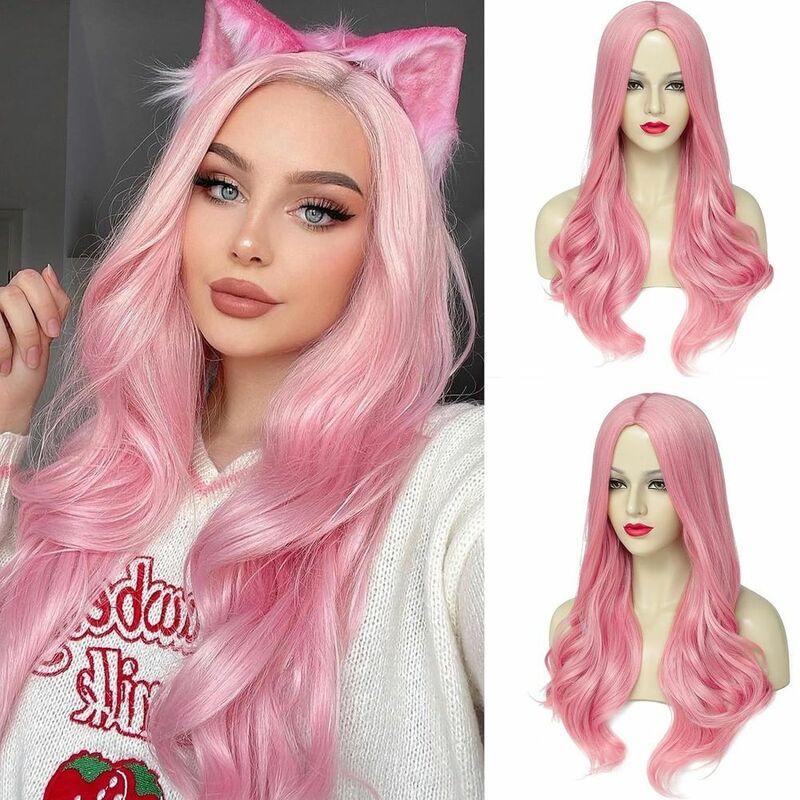 Frauen mittelgroßes langes lockiges Haar, große Wellen, Rosen gitter Stirnband, mehrfarbiges rosa süßes Mädchen Cosplay synthetische Perücken Haare