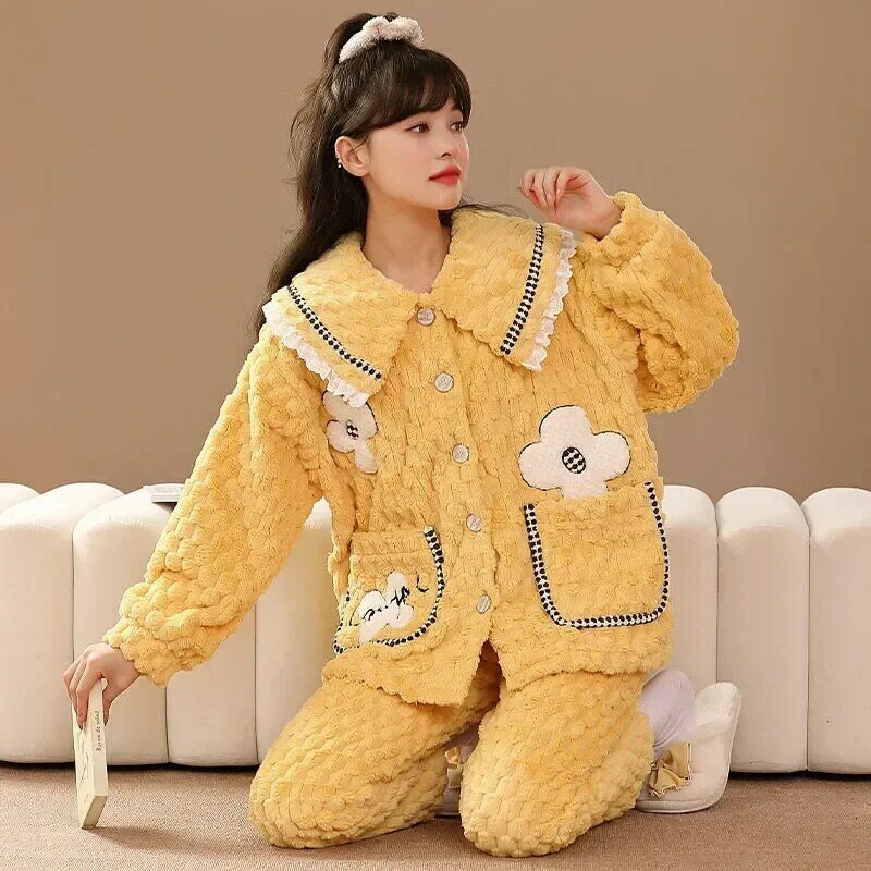 Pijama holgado de franela gruesa para mujer, traje de dos piezas, ropa de noche cálida, moda informal, invierno y otoño, 2023