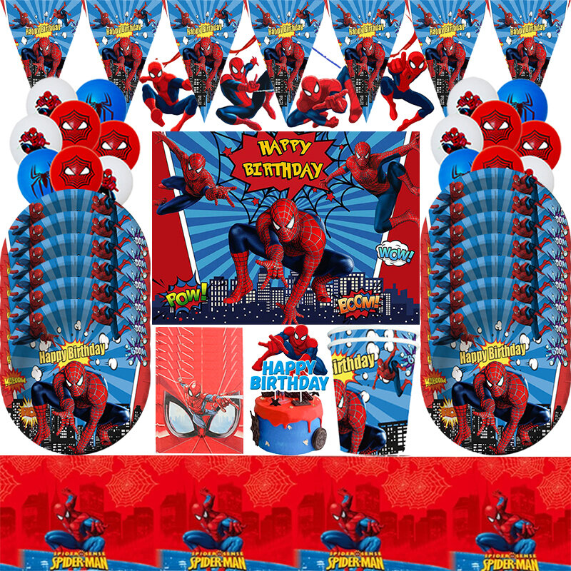 Spiderman perlengkapan pesta ulang tahun Superhero taplak meja sekali pakai cangkir serbet piring balon untuk anak laki-laki Baby Shower
