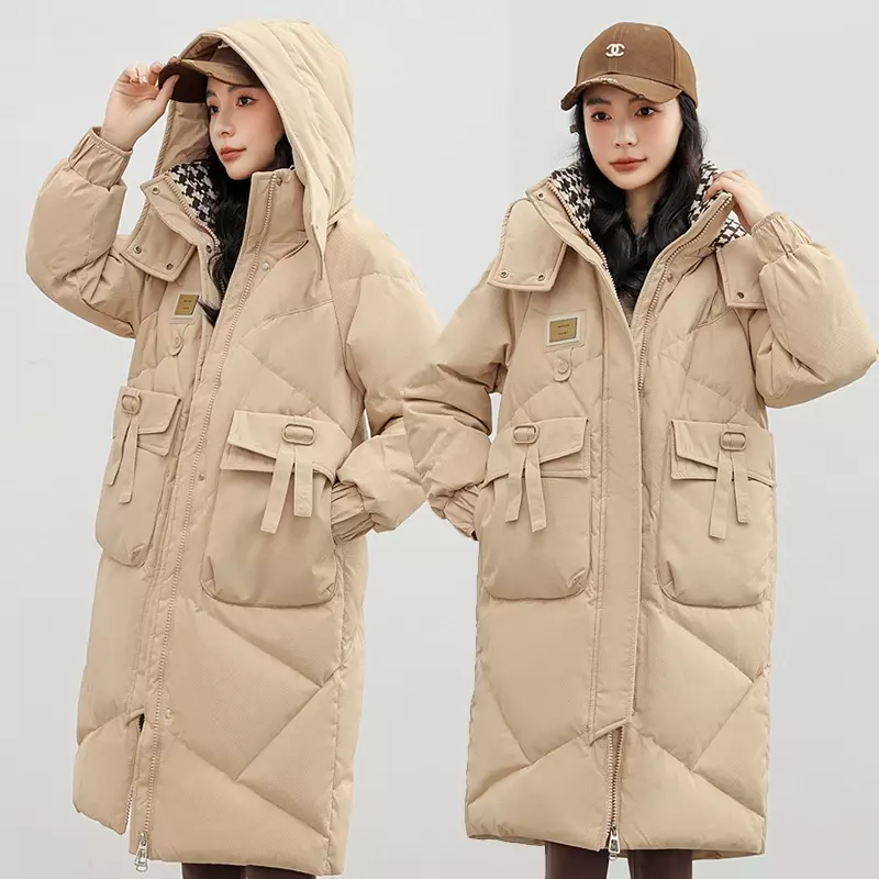 Jaket bertudung wanita, jaket kasual panjang Medium ukuran Plus longgar kisi belah ketupat musim dingin