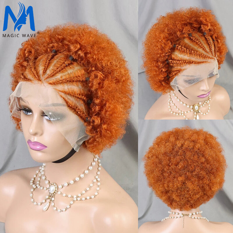 Perruque afro brésilienne Remy naturelle, cheveux bouclés, 13x4, avec tresses, densité 100%, pour femmes africaines