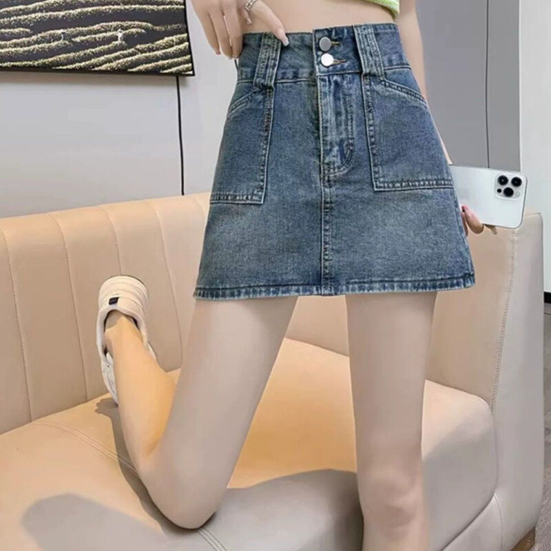 تنورة جينز عالية الخصر للفتيات ، تنورة قصيرة على شكل سطر ، تنورة ملفوفة على شكل ورك ، نسخة كورية ، جديدة ، الربيع والصيف ،