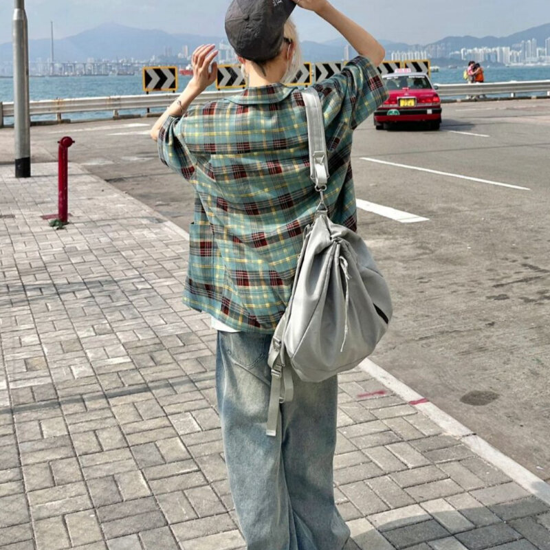 Giacche a quadri donna manica corta bottone Chic Vintage estate stile Hong Kong moda Baggy All-match Streetwear quotidiano nuovo arrivo
