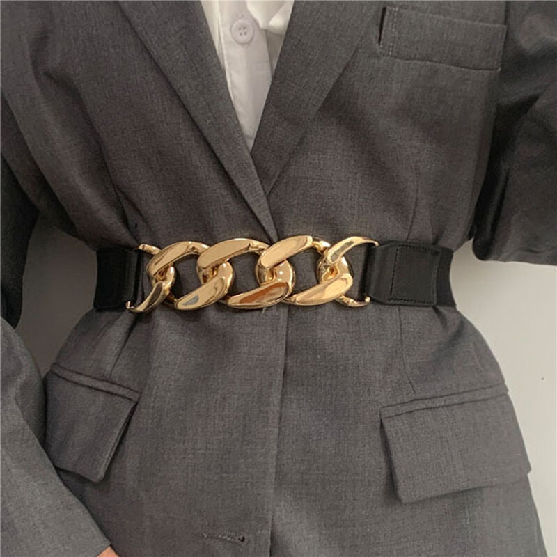 Złoty łańcuszek do spodni wysokiej jakości pasów Stretch płaszcz damski łańcuszek do spodni pas elastyczny srebrny metalowy paski dla kobiet