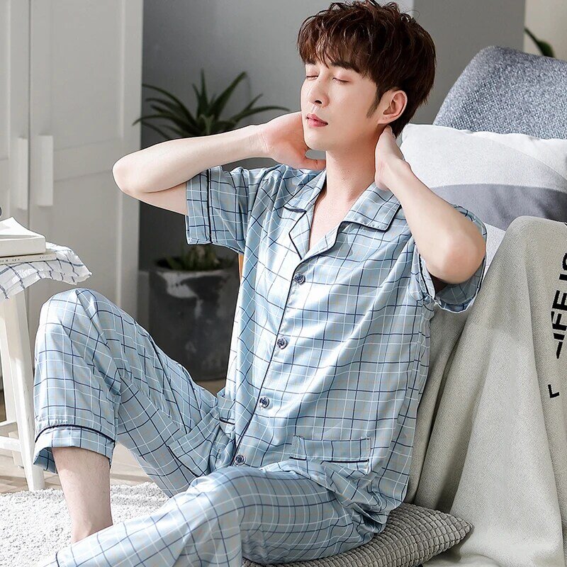 Fashion Men Silk Pajamas Sets Plaid Sleepwear Sleep Short Sleeve Cardigan Tops Long Pants Nightwear Male Home Clothes L-3XL