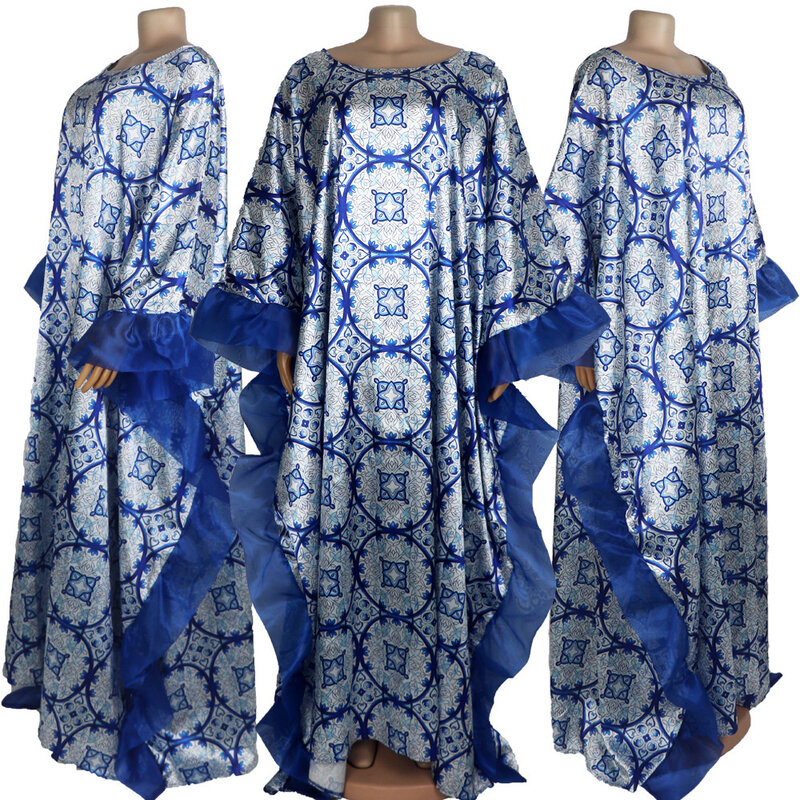 Pakaian wanita ukuran Plus gaun jubah kerah bulat kelelawar tidur perca cetak Digital dan aturan gaun panjang longgar besar