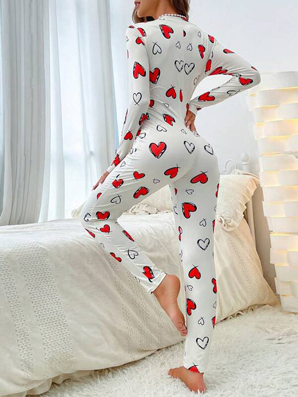 Frauen Valentinstag Herz druck Lounge wear Overall Langarm V-Ausschnitt Front knopf Bodycon Pyjama