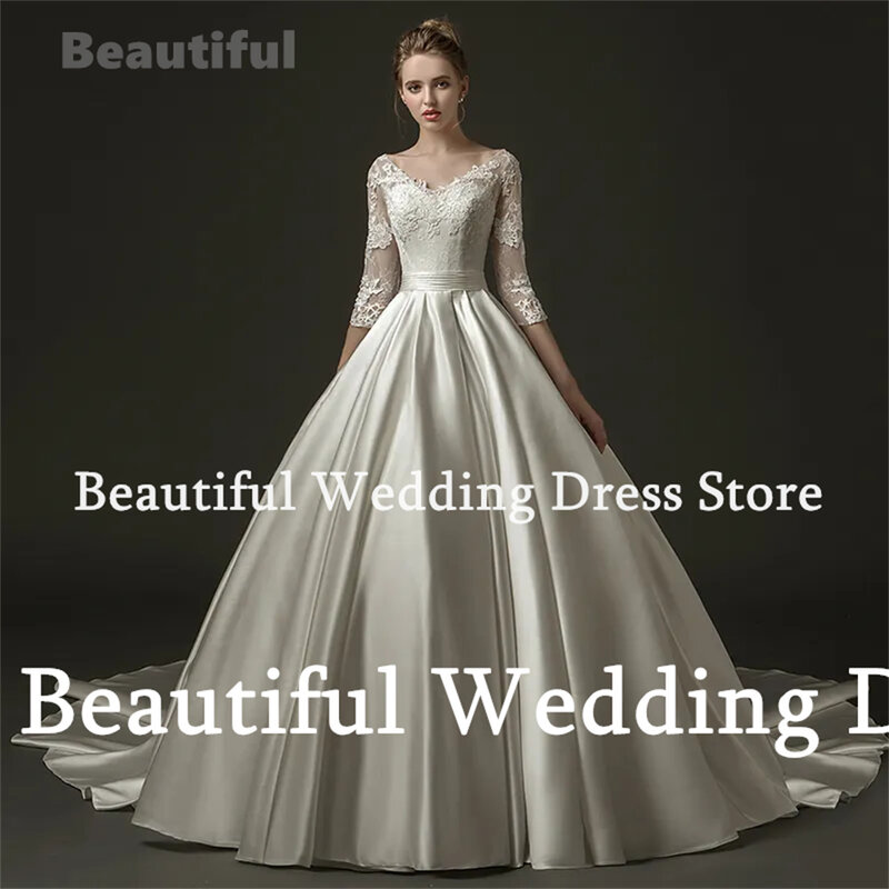2024 White Wedding Dress For Women Lace Appliques V-Neck 3/4 Sleeves A-Line Satin Floor-Length Vestidos Sweep Train Bridal Gown