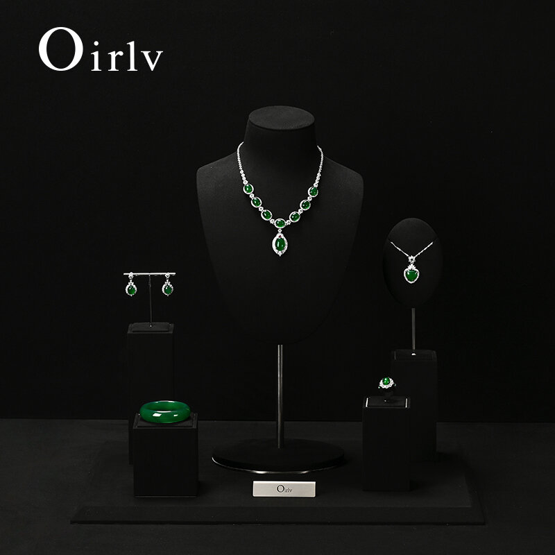 Oirlv Black Microfiber Jewelry Display Set with Metal Jewelry Exhibit Shop Cabinet for Necklace Display Bust Earrings Bangle