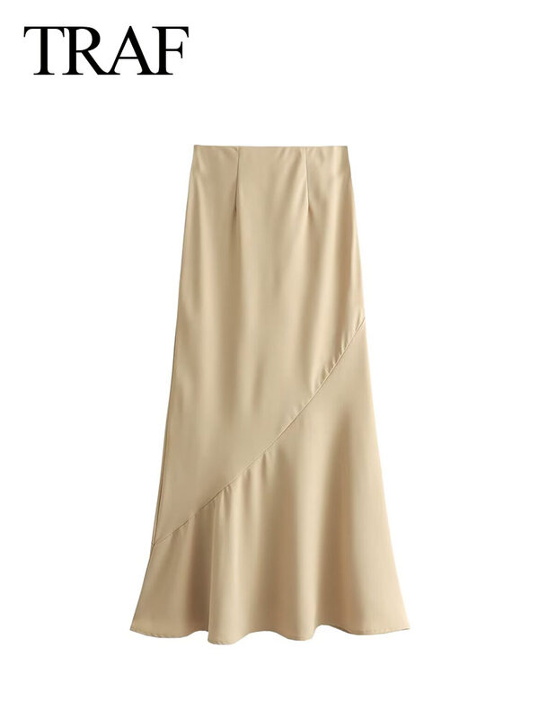 TRAF falda ajustada de cintura alta para mujer, faldas largas asimétricas de línea a, faldas elegantes hasta el tobillo, color caqui, nueva moda de verano