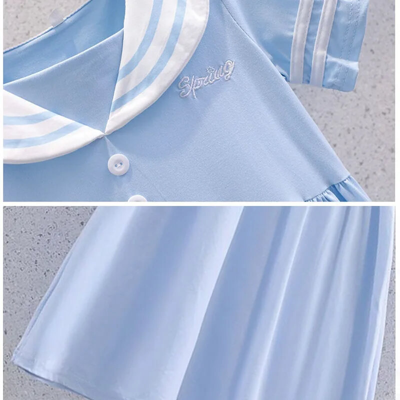 Gaun anak-anak Sanrio elastis gaun putri leher biru laut bayi perempuan lengan pendek musim panas hadiah baju anak pesta ulang tahun
