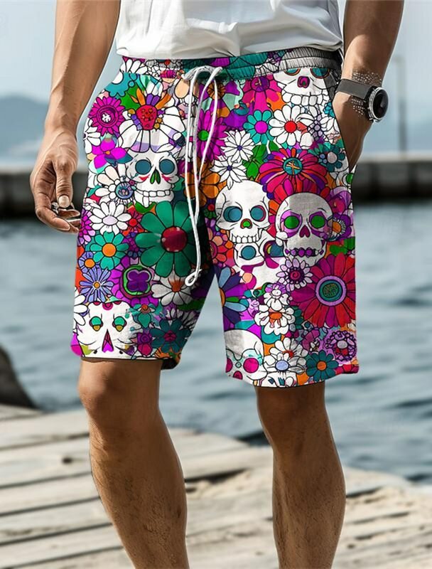 Celana pendek papan cetak 3D pria, celana pendek tengkorak bunga 2024, celana renang, tali pinggang elastis, celana pantai liburan gaya Hawaii