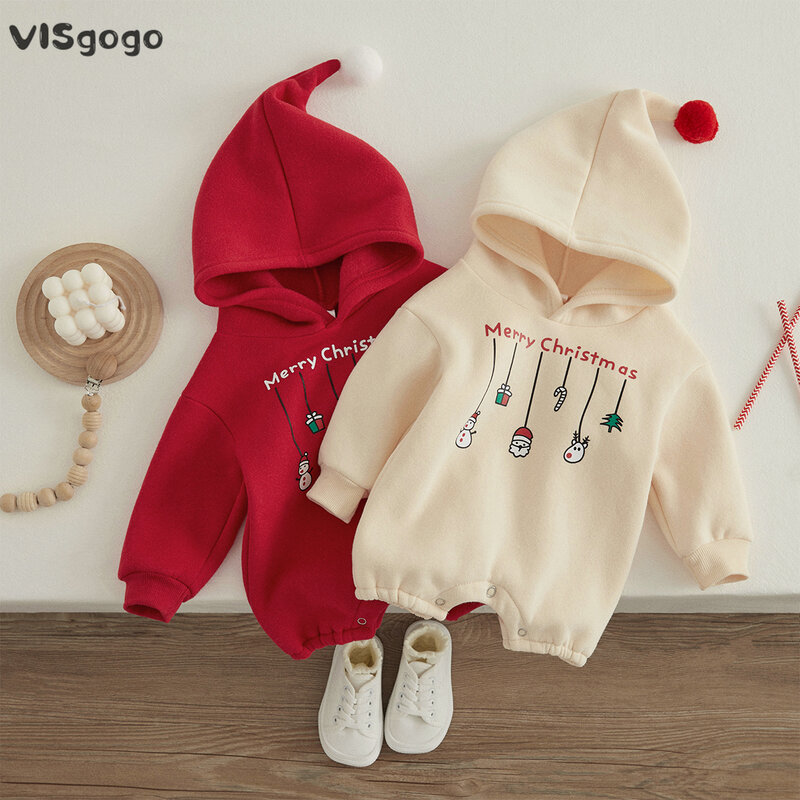 VISgogo Infant Baby Boys Girls Christmas Romper Long Sleeve Thicken Hooded Letters Print Jumpsuit  Fall Winter Clothes