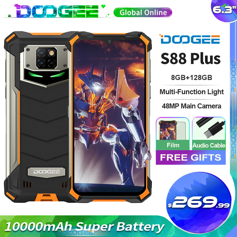 Doogee-S88 Plus Versão Global do Telefone Móvel Robusto, Câmera Principal de 48MP, 10000mAh Super Battery, 8 + 128GB, Android 10, IP68, IP69K