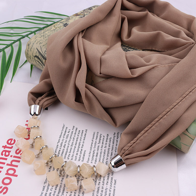 Beads Necklace Pendant Ring Scarf  Lady Chiffon Solid Scarf Hijabs Muslim Head Scarve Turban Accessories