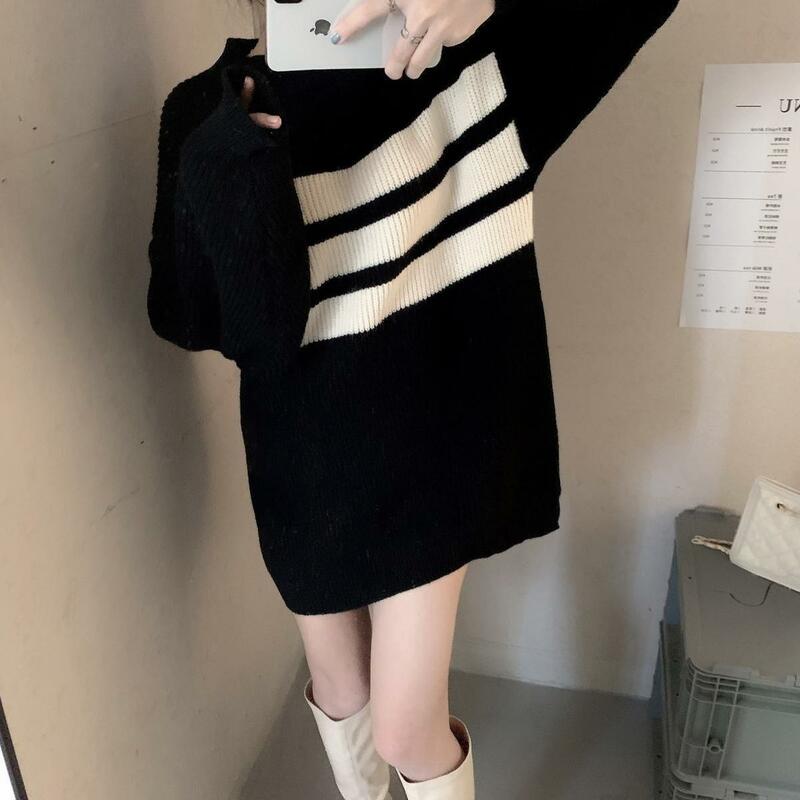 Простой черный белый полосатый корейский свитер с круглым вырезом Осень-зима 2023 Модный женский свитер офисный Дамский Свободный вязаный пуловер свитер