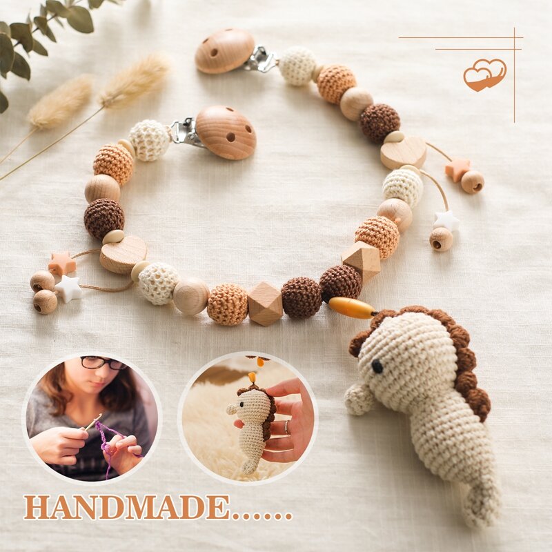 JOTeWindsor-Attache-sucette en bois pour bébé, jouets en crochet, perles d'hippocampe, mobile, poussette, chariot
