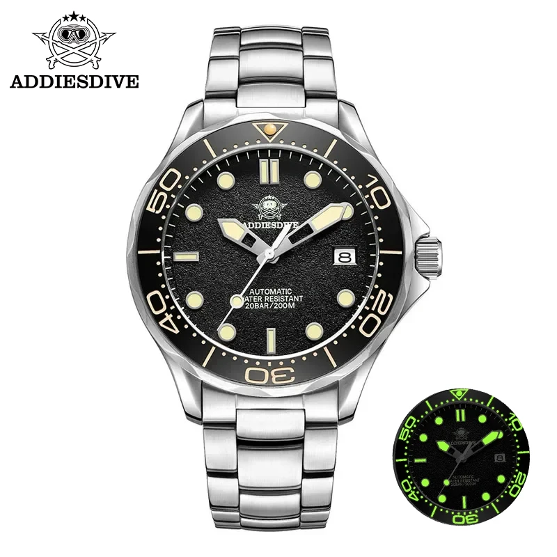 ADDIESDIVE-Reloj de acero inoxidable AD2106 para hombre, accesorio de pulsera resistente al agua con mecanismo automático de buceo, cristal de zafiro de lujo, 200m, luminoso
