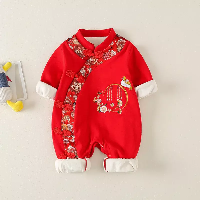 Fato Tang bordado vintage para bebê recém-nascido, traje quente para bebês, macacão rosa, estilo chinês, moda outono e inverno, 1 pc