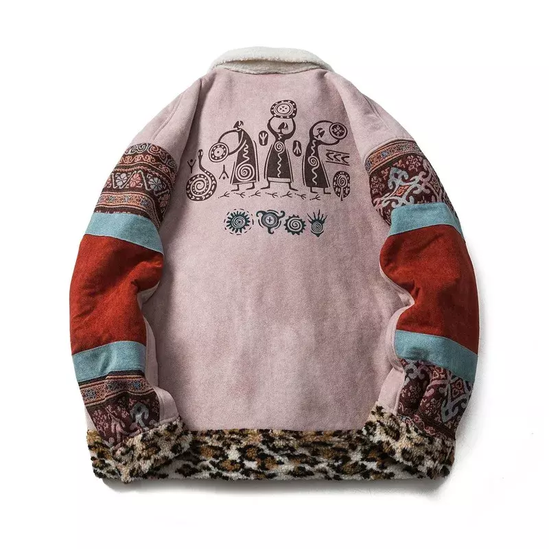 Abrigo de algodón con contraste de Panel de lana de cordero para hombre, cuello de solapa con cremallera, abrigo suelto informal para pareja, moda urbana, Top de Hip Hop, Ropa de invierno