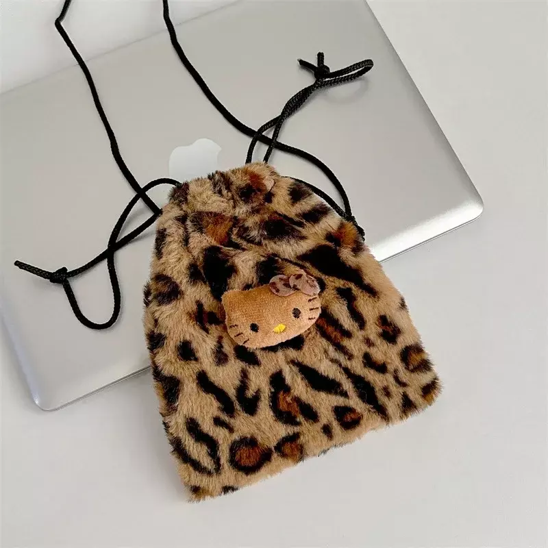 Hello Kitty Kawaii Cute Plush Leopard Print Phone Bag borsa a tracolla con coulisse borsa a tracolla da donna Y2k borse per il trucco regalo di coppia