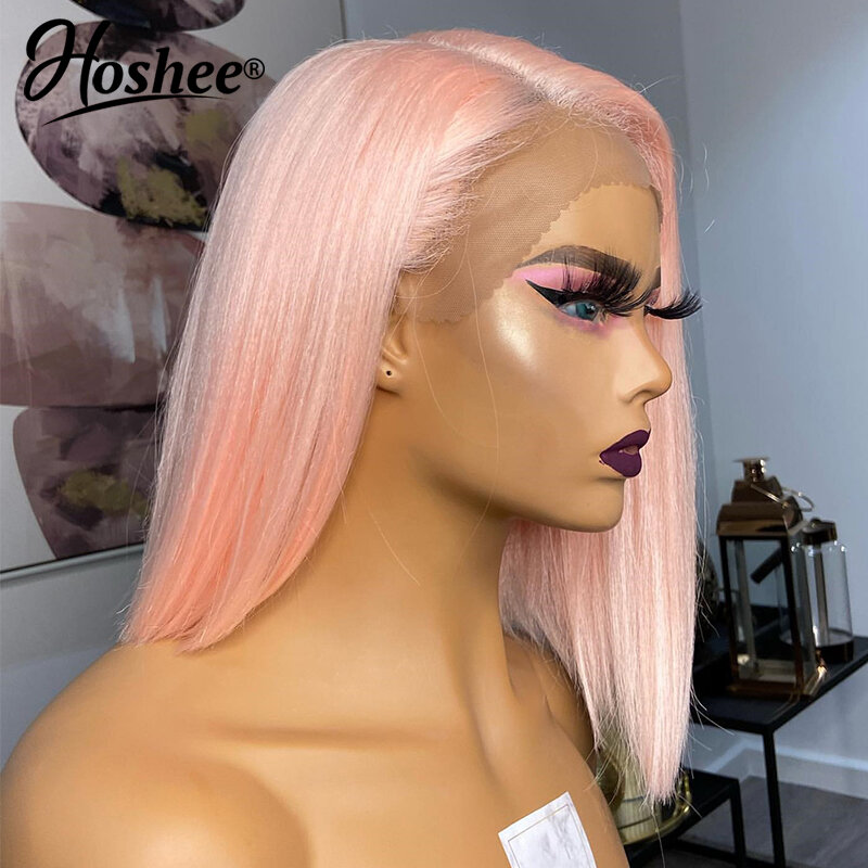 Straight Short Glueless Bob Pixie corta peruca de cabelo humano para mulher, rosa, parte T, HD transparente frente de renda, frontal 13x4