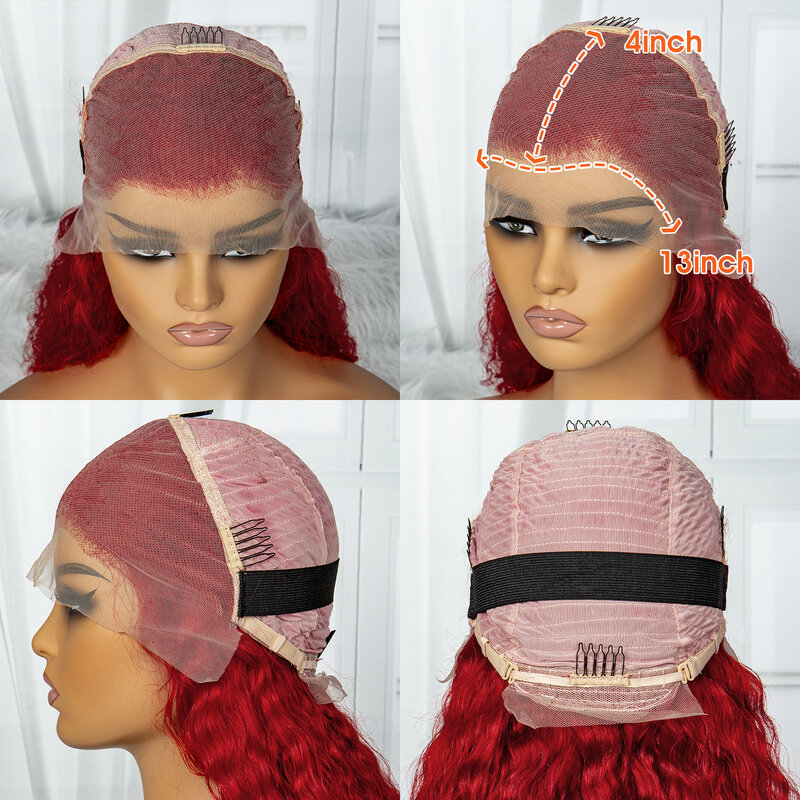 Water Wave Red Color Human Hair Wigs 250% Density 13x4 Lace Frontal Short Bob Wigs Lace Front Wigs Brazilian Remy Bob Wigs