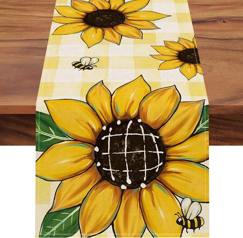 Spring Sunflower Floral Linen Table Runner Wedding Decoration Yellow Buffalo Plaid Kitchen Dining Table Runner for Party Decor